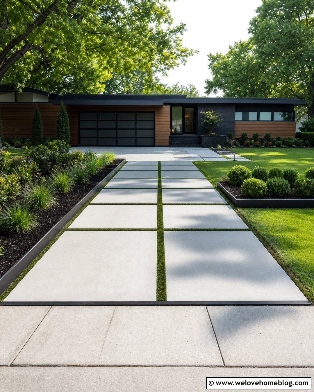 Driveway With Grass and Paver Strips - 20 landscape near driveway ideas