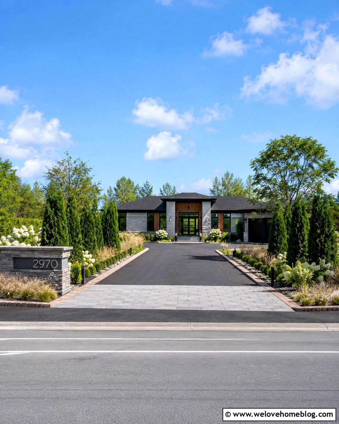 Driveway With Illuminated Address Sign - 20 Evening Driveway View Ideas