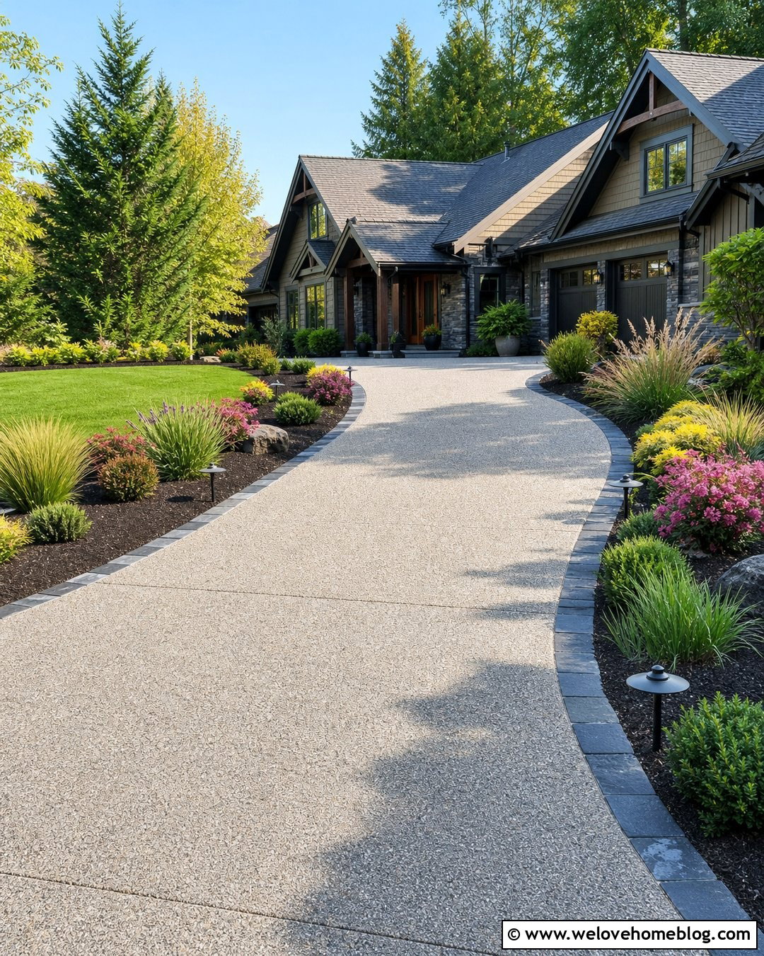 Driveway With Integrated Landscape Lighting - 25 Driveway Inspiration Ideas