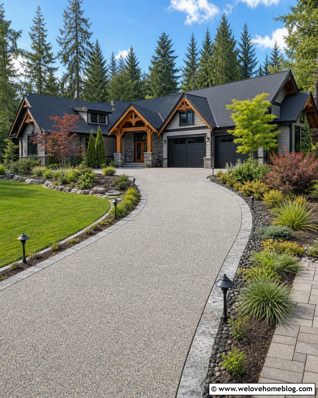 Driveway With Landscape Lighting Borders - 50 Driveway Landscaping Ideas