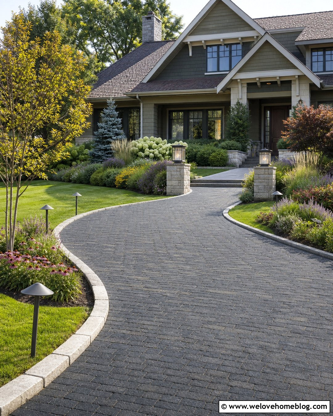 Driveway With Landscape Lighting and Mixed Shrubs - 20 landscape near driveway ideas