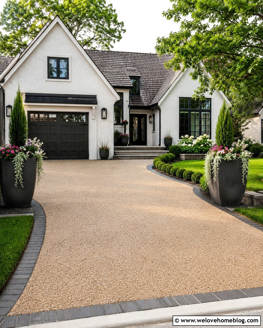 Driveway With Large Planters - 20 Driveway Decoration Ideas