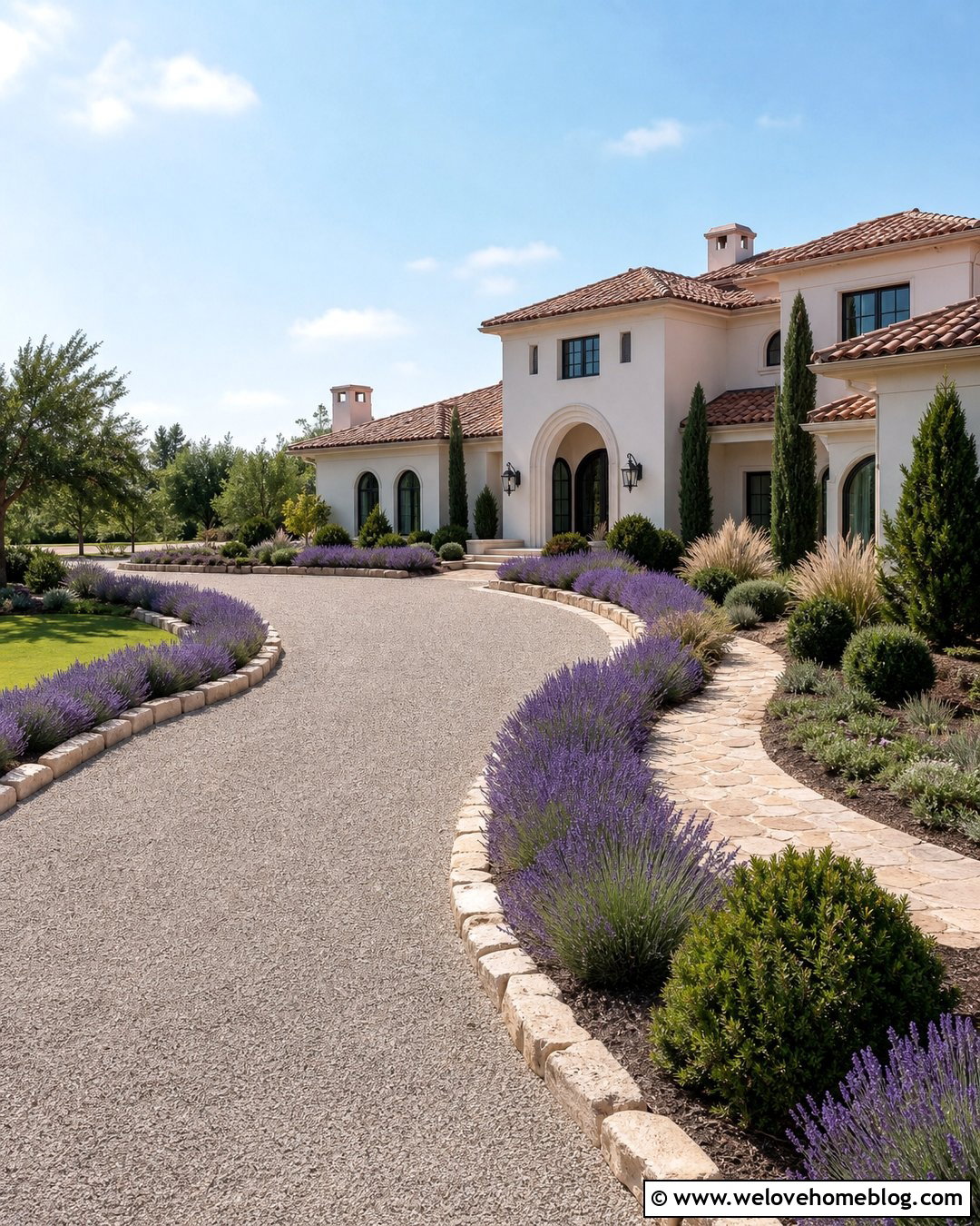 Driveway With Lavender And Stone Borders - 25 Front Yard Landscaping Driveway Ideas
