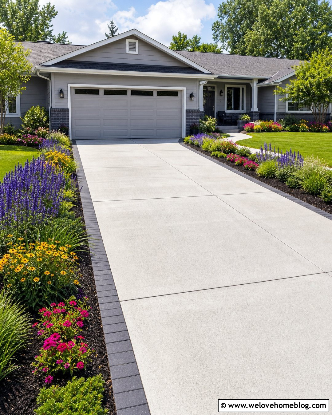 Driveway With Low Flower Borders - 50 Driveway Landscaping Ideas