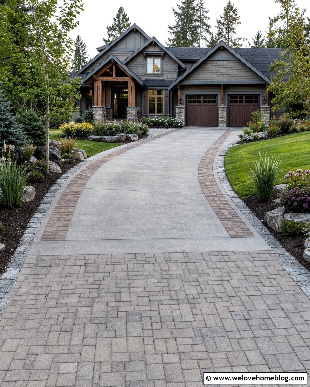 Driveway With Mixed Material Landscaping - 50 Driveway Landscaping Ideas