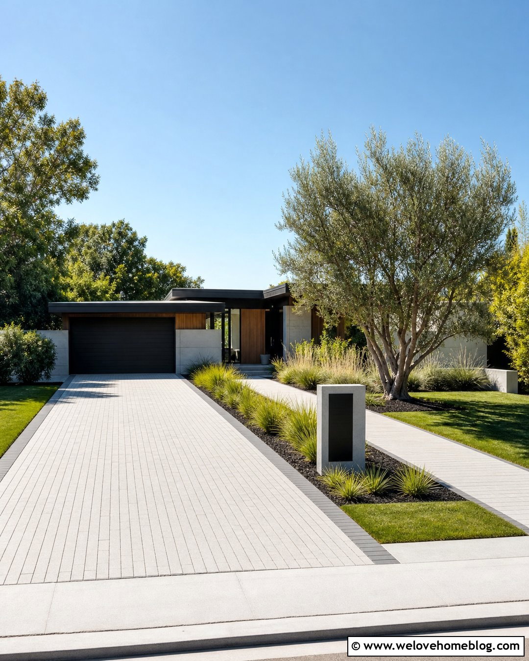 Driveway With Modern Address Sign - 50 Driveway Ideas