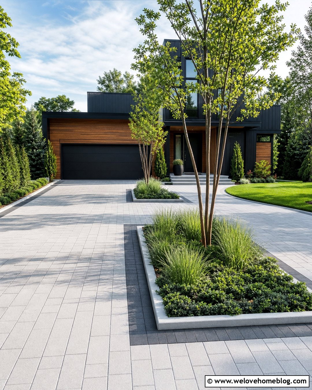 Driveway With Modern Landscape Islands - 35 Modern Driveway Design Ideas