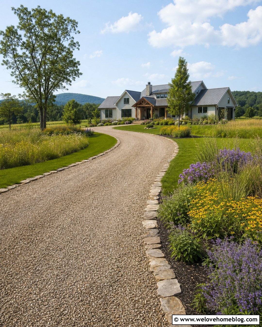 Driveway With Natural Stone and Meadow Planting - 25 Landscape Driveway Ideas