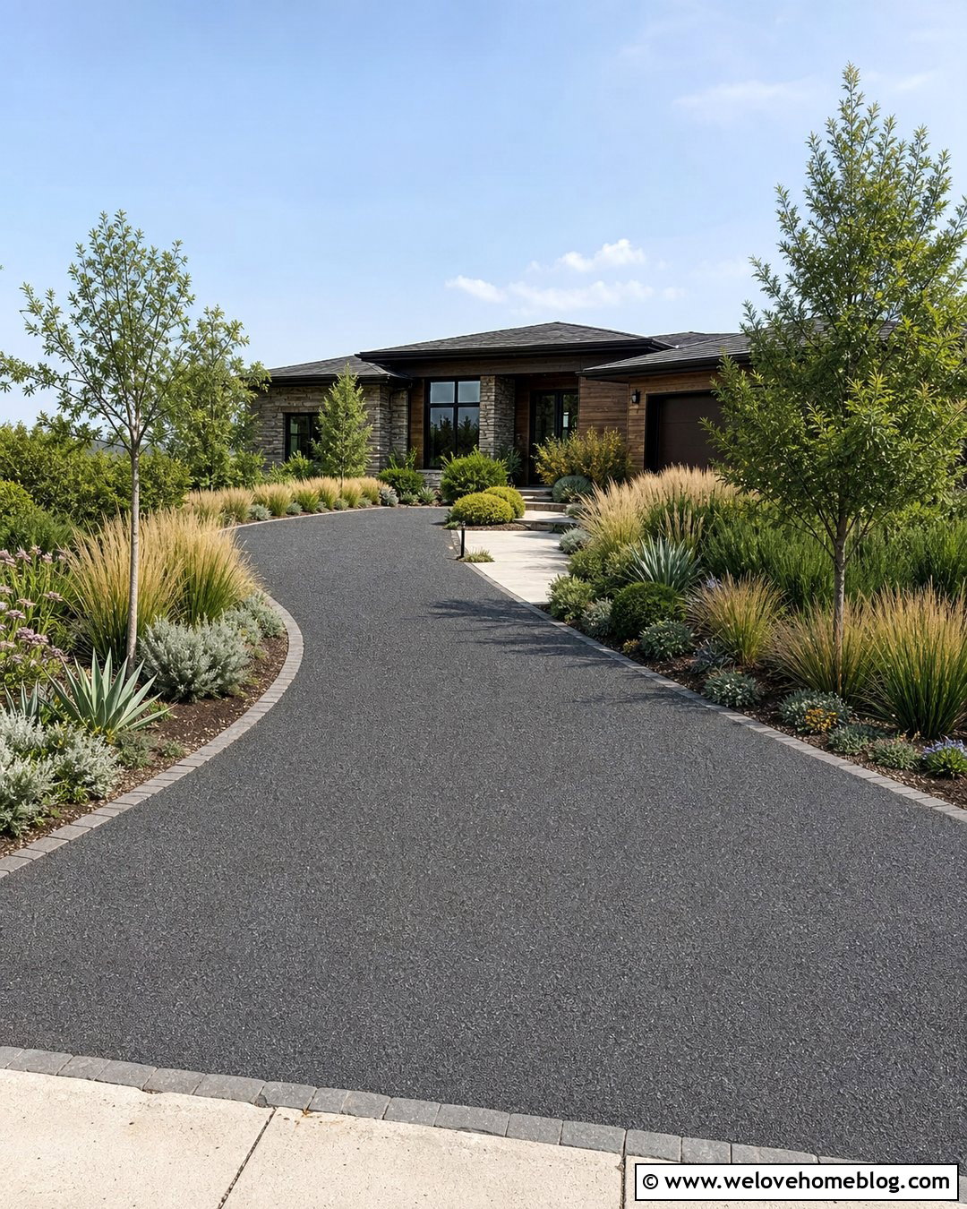 Driveway With Ornamental Grass Borders - 50 Driveway Ideas