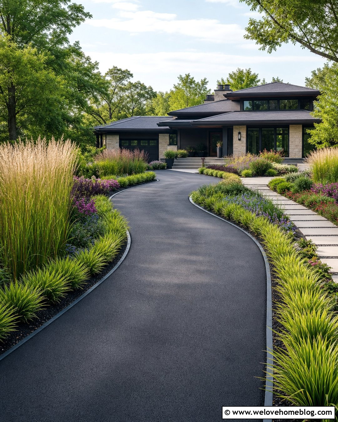 Driveway With Ornamental Grass Borders - 40 driveway front garden ideas