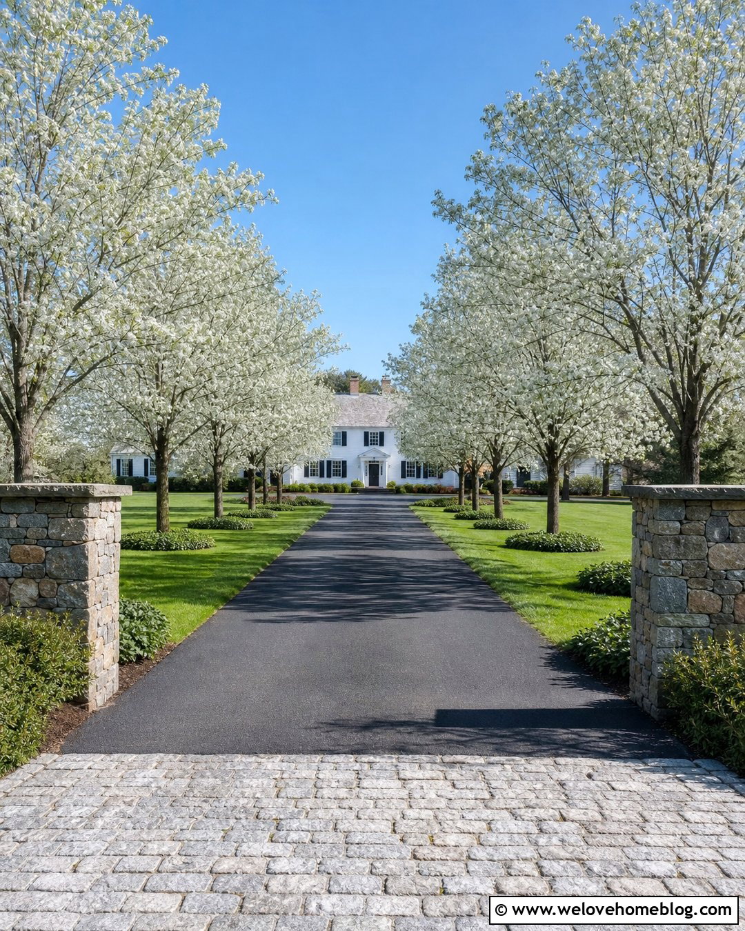 Driveway With Ornamental Pear Tree Borders - 50 Driveway Landscaping Ideas