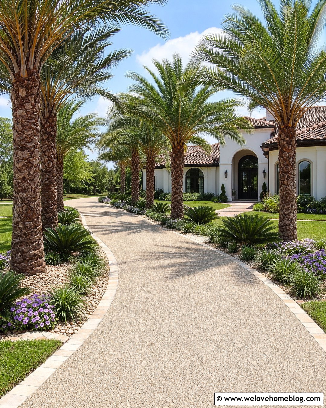 Driveway With Palm Tree Borders - 50 Driveway Landscaping Ideas