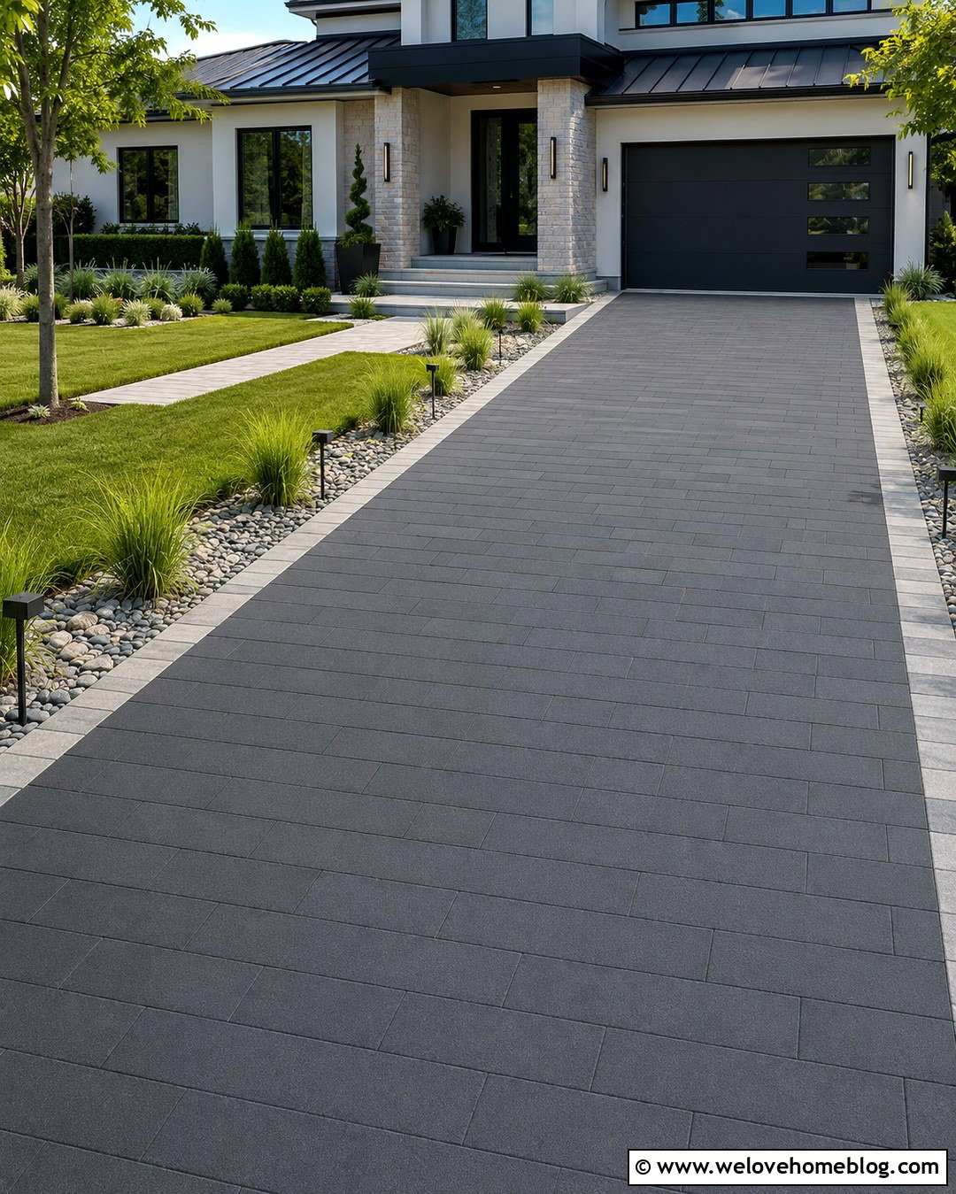 Driveway With Paver Lighting Border - 20 How To Pave Driveway Ideas