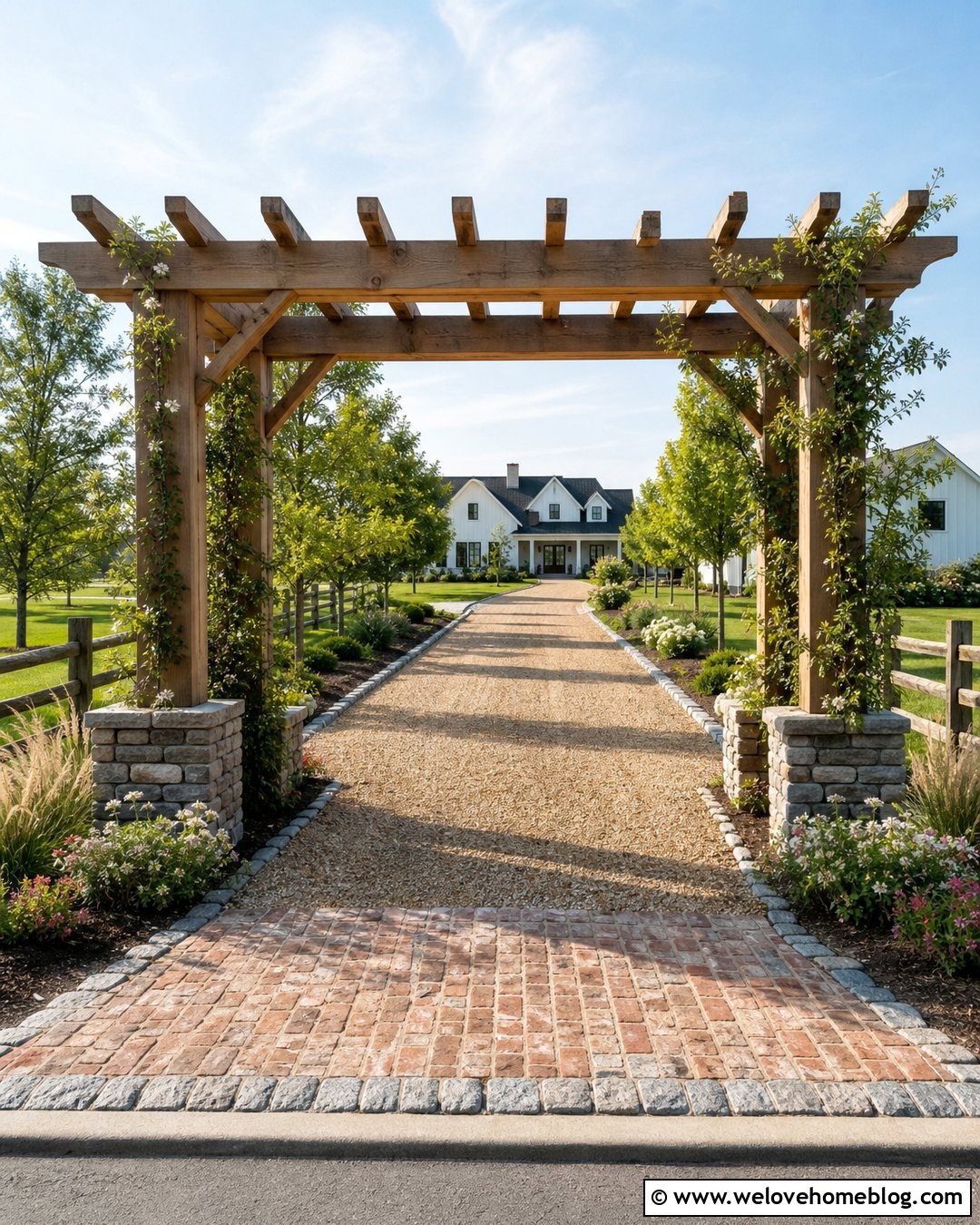 Driveway With Pergola Entrance Landscaping - 50 Driveway Landscaping Ideas