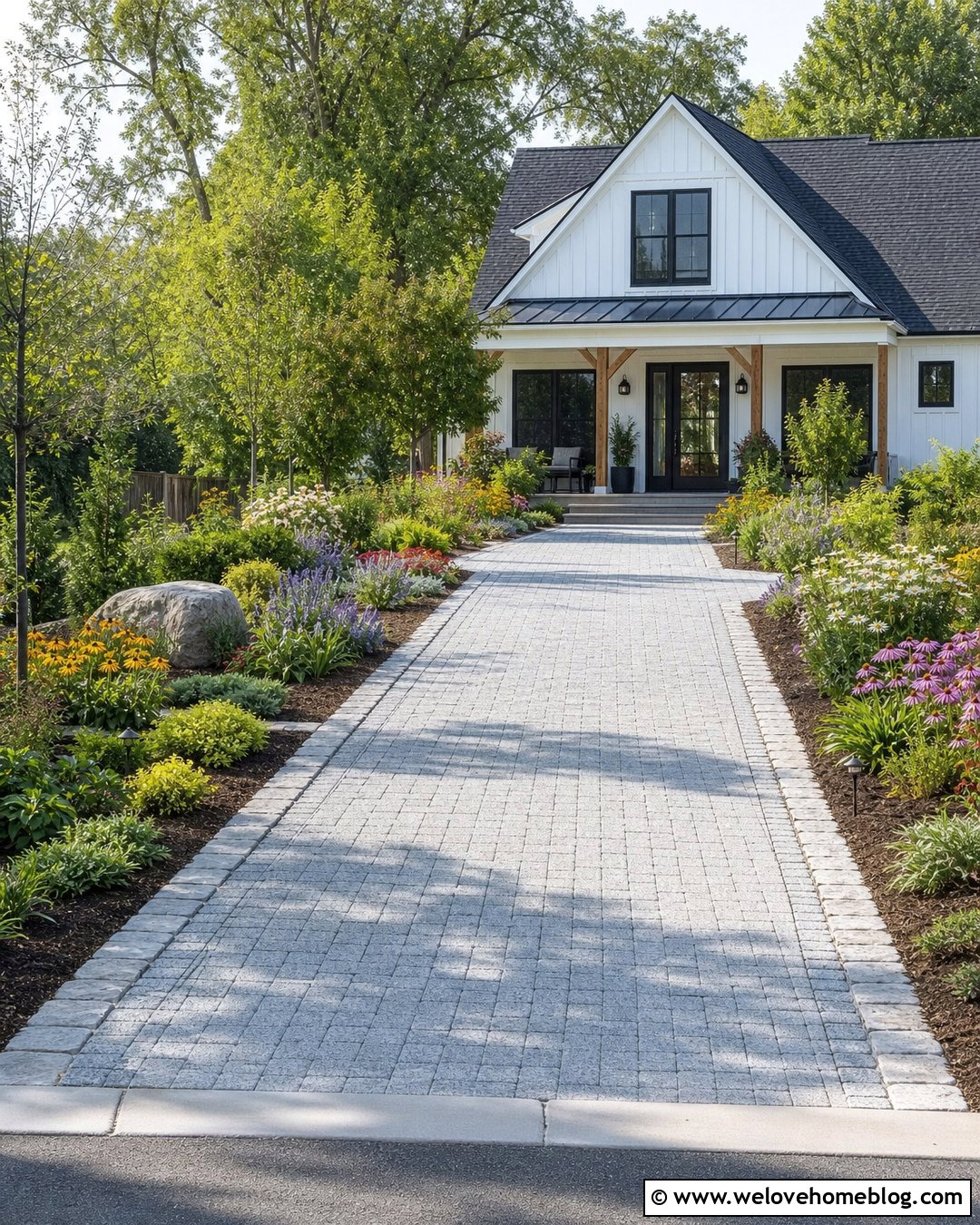 Driveway With Pollinator Garden And Stone Edging - 20 Driveway And Garden Ideas