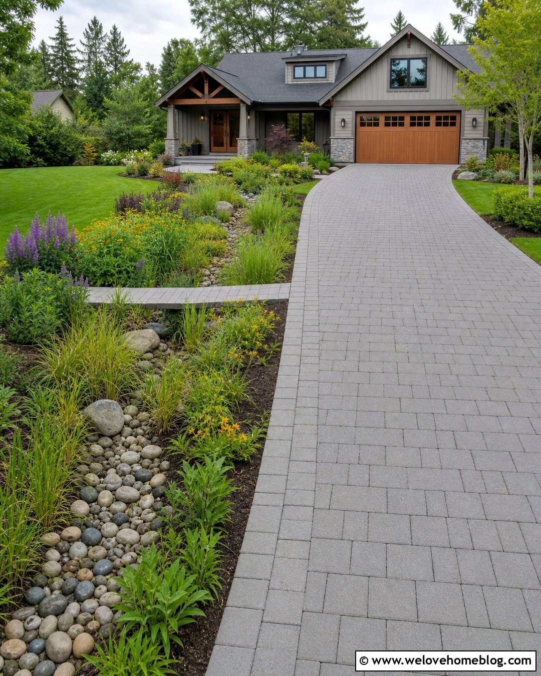 Driveway With Rain Garden Landscaping - 50 Driveway Landscaping Ideas