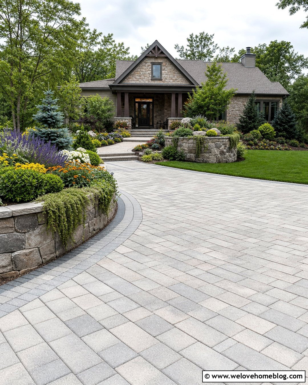 Driveway With Raised Stone Planters - 50 Driveway Landscaping Ideas