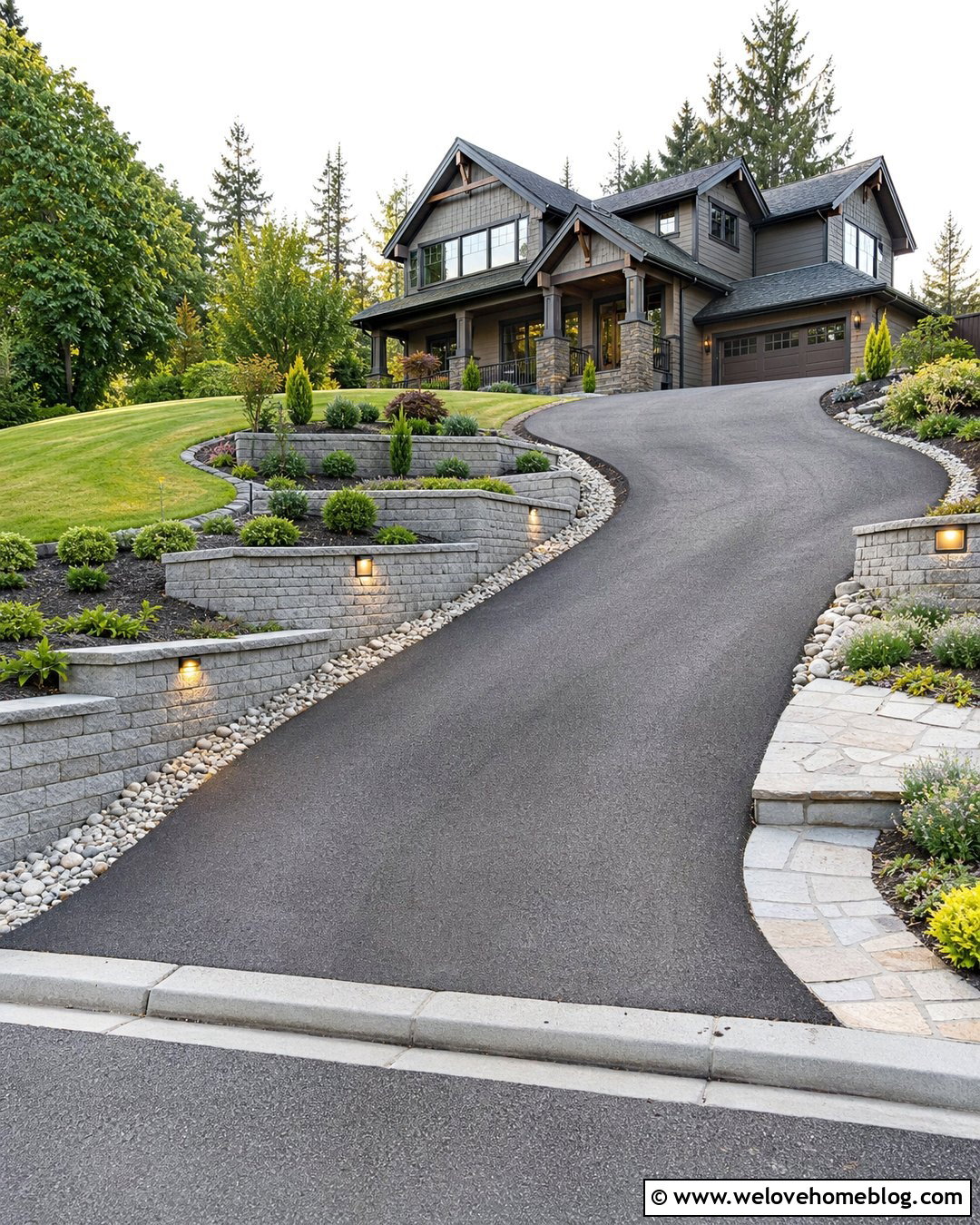 Driveway With Retaining Wall And Lighting - 20 How To Build A Driveway Ideas
