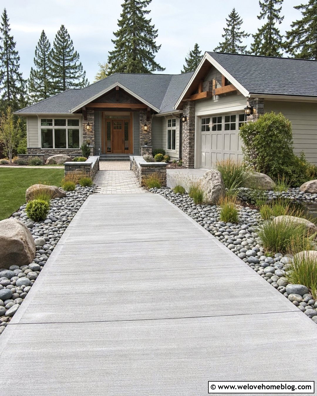 Driveway With River Rock Drainage Beds - 50 Driveway Landscaping Ideas