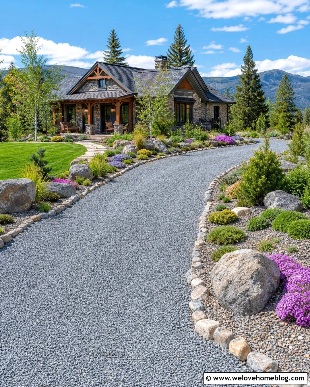 Driveway With Rock Garden Borders - 50 Driveway Landscaping Ideas