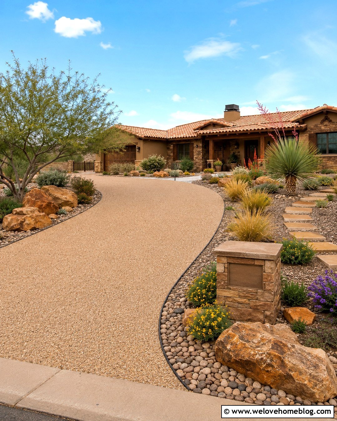 Driveway With Rock Garden Landscaping - 20 Driveway Decoration Ideas