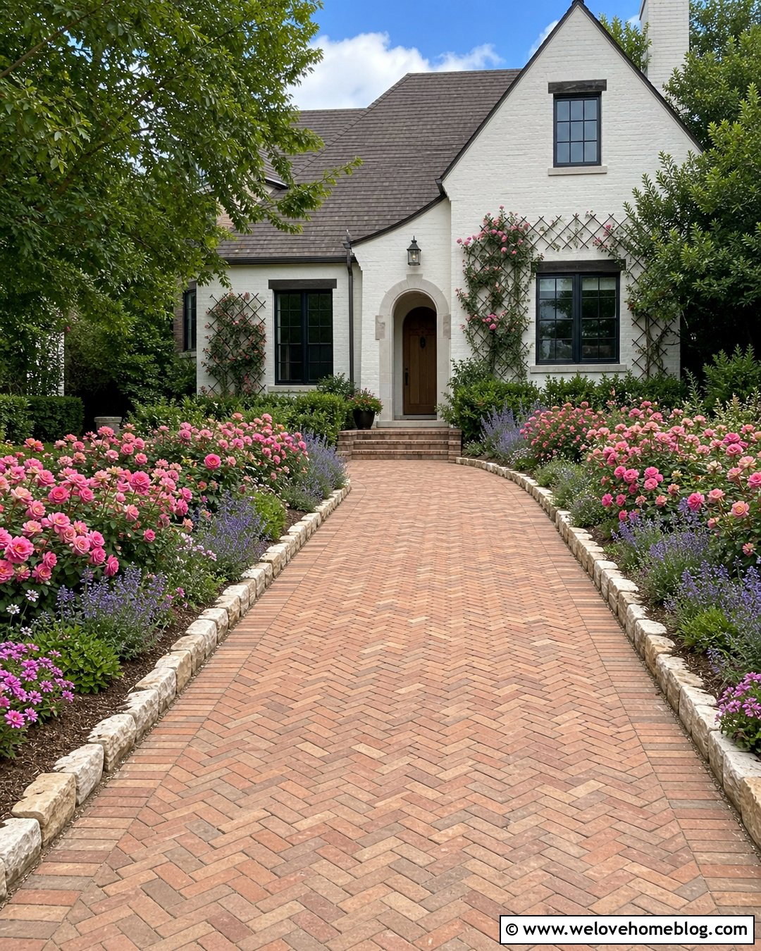 Driveway With Rose Garden Borders - 50 Driveway Landscaping Ideas