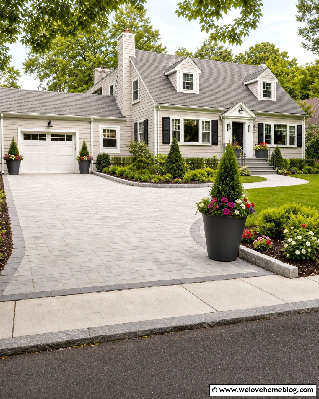 Driveway With Seasonal Container Landscaping - 50 Driveway Landscaping Ideas