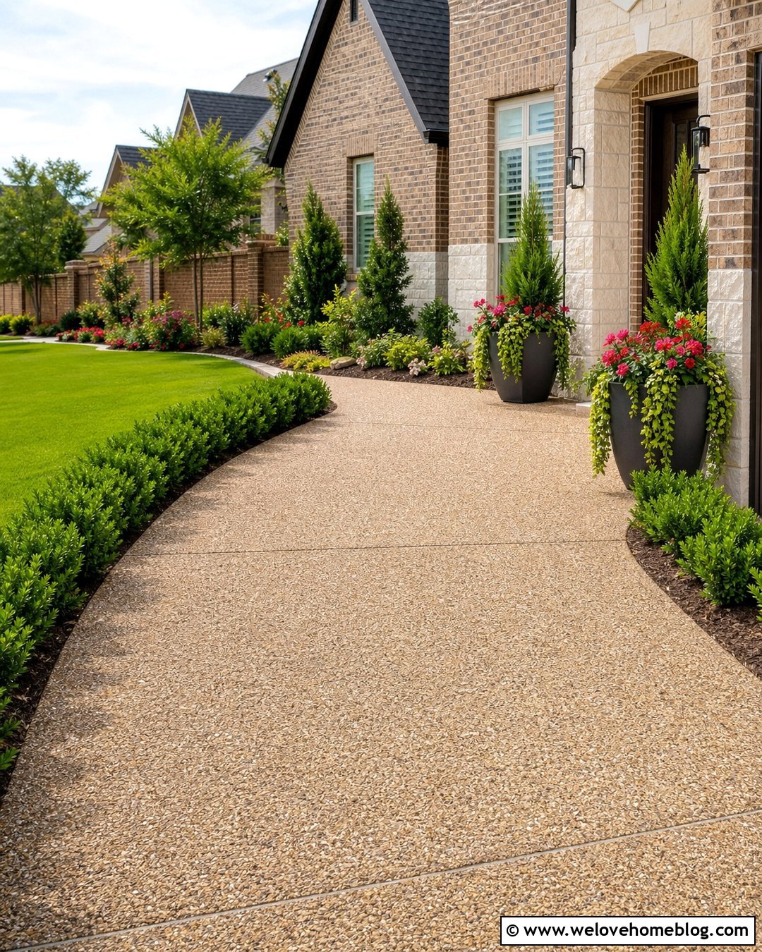 Driveway With Seasonal Container Planting - 40 Front Driveway Landscaping Ideas