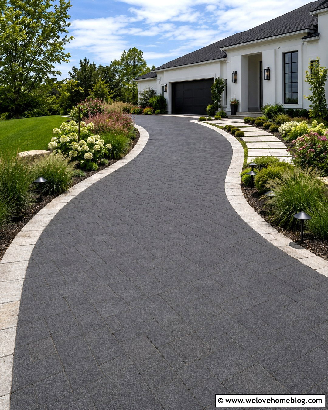 Driveway With Stone Edging And Landscape Lighting - 20 Driveway Stone Edging Ideas