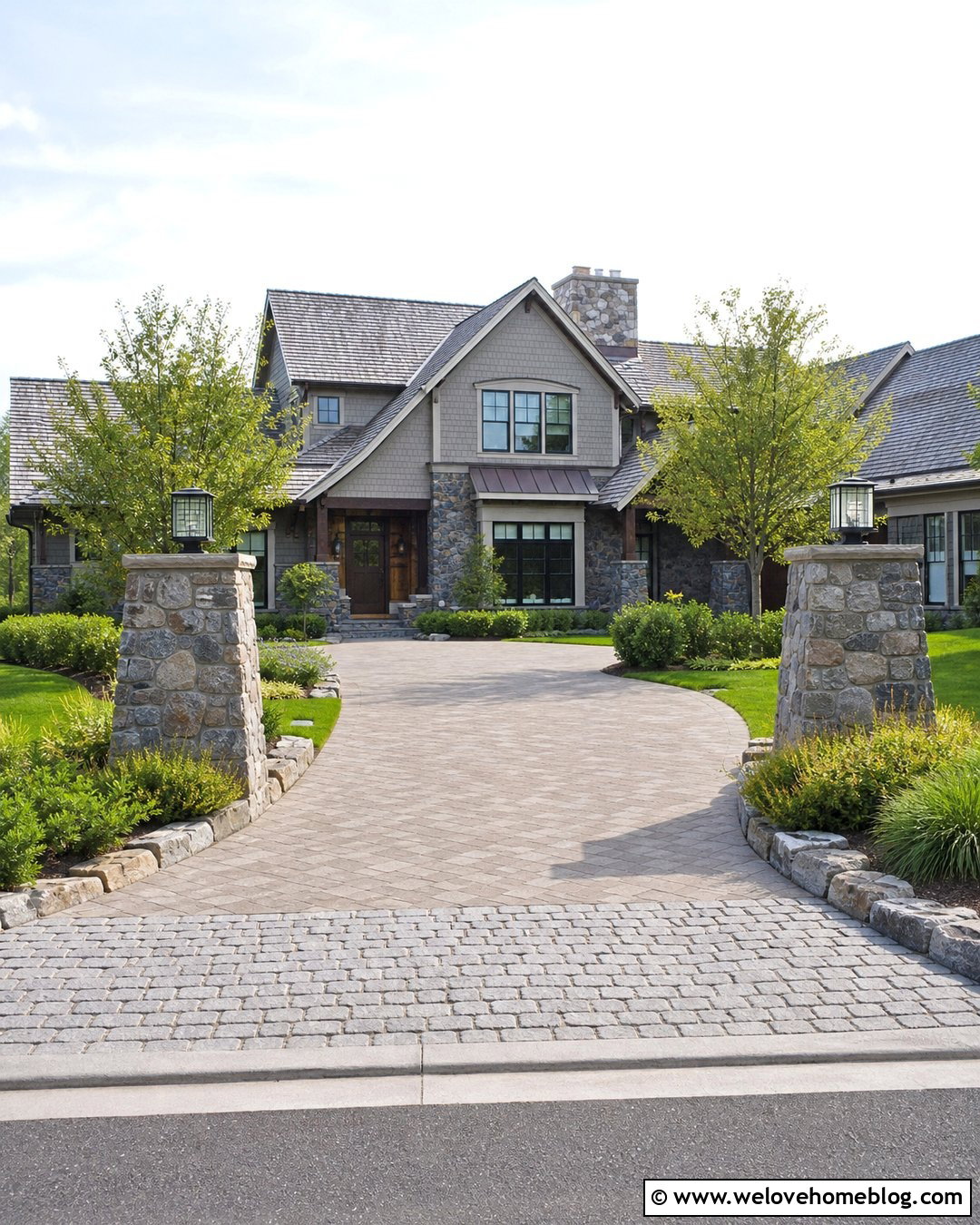 Driveway With Stone Entrance Pillars - 40 Front Driveway Landscaping Ideas