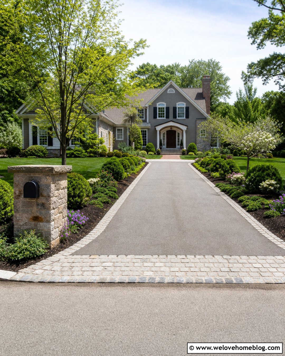 Driveway With Stone Mailbox Pillar - 50 Driveway Ideas