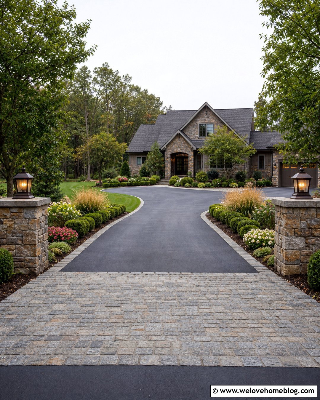 Driveway With Stone Pillar Landscaping - 50 Driveway Landscaping Ideas