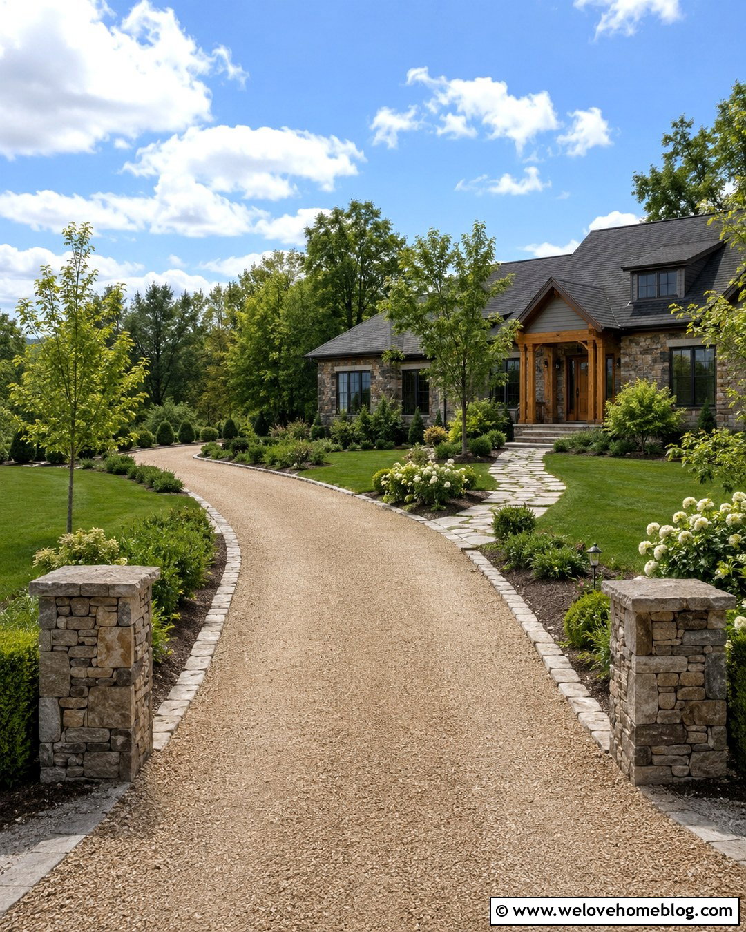 Driveway With Stone Pillars Framing The Front Door Approach - 20 Front Door Driveway Ideas