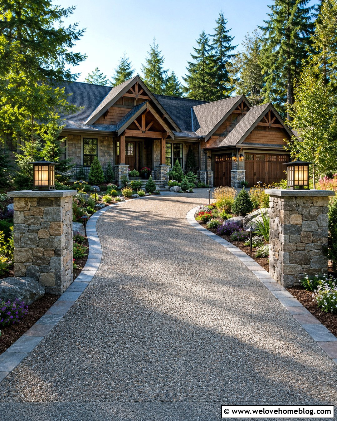 Driveway With Stone Pillars and Lighting - 20 Driveway Transformation Ideas