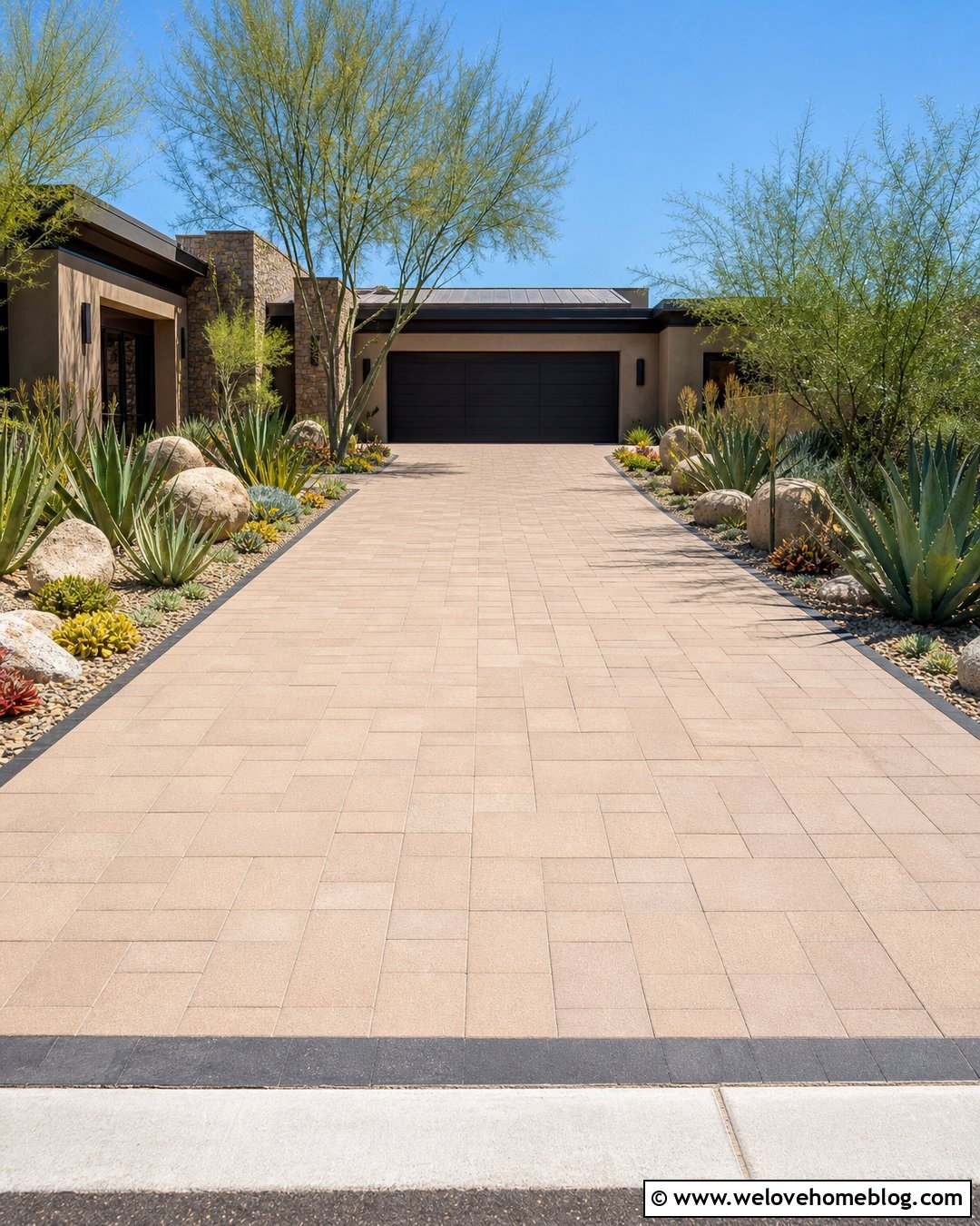 Driveway With Succulent Garden Borders - 50 Driveway Landscaping Ideas