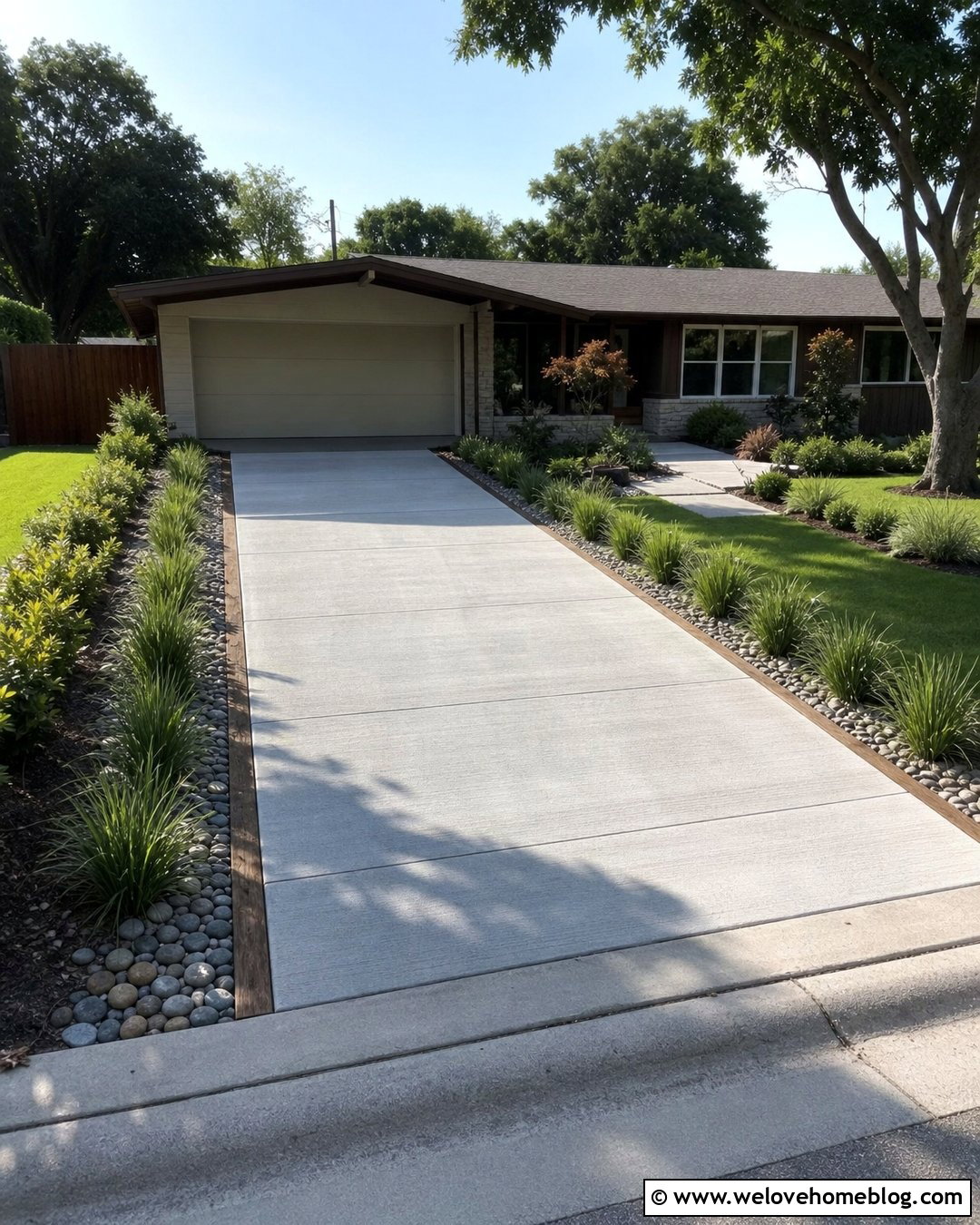 Driveway With Timber Edging And River Rock - 20 Landscape Timber Driveway Edging Ideas