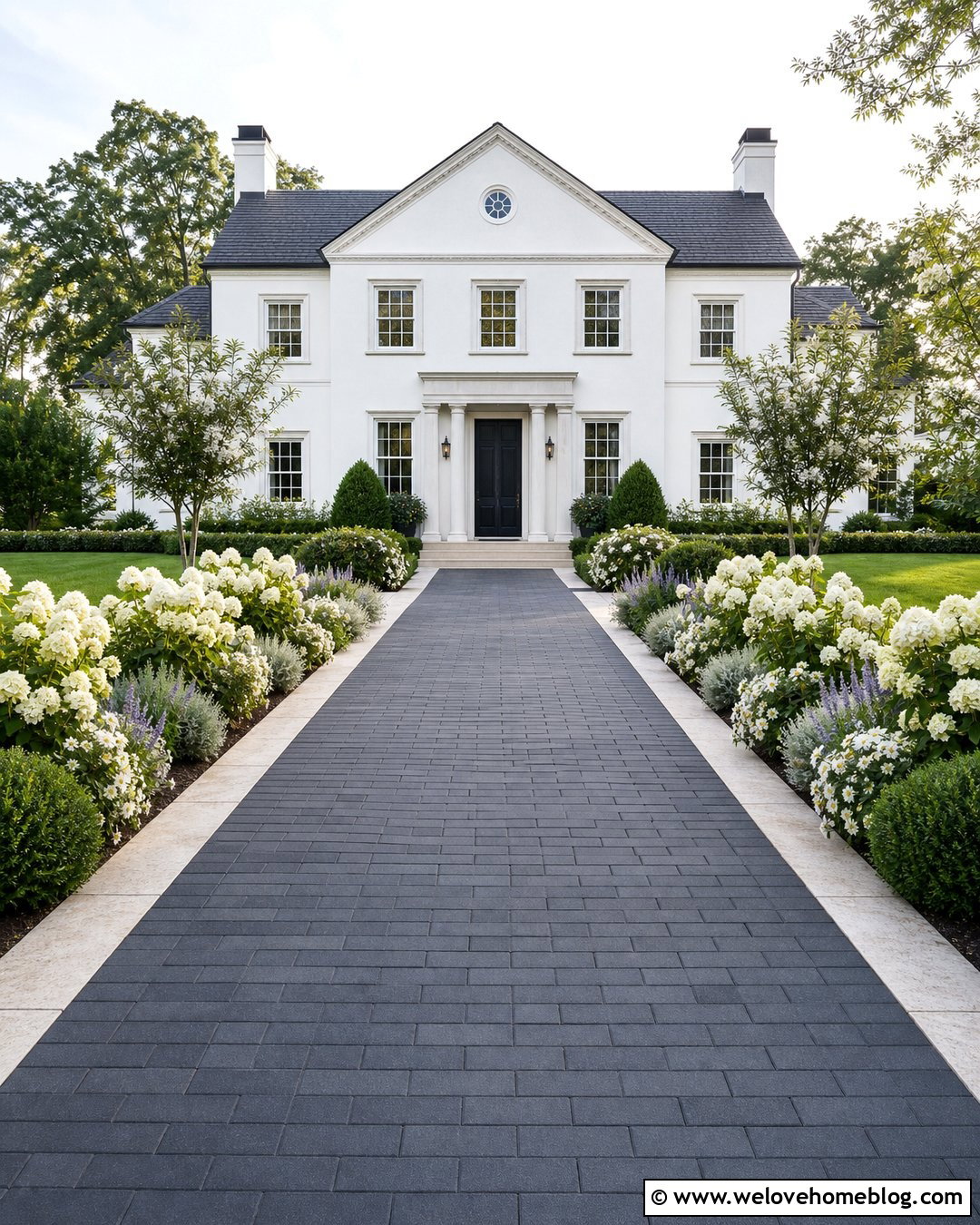 Driveway With White Flower Landscaping - 50 Driveway Landscaping Ideas