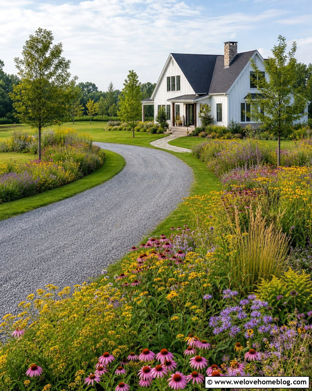 Driveway With Wildflower Borders - 50 Driveway Landscaping Ideas