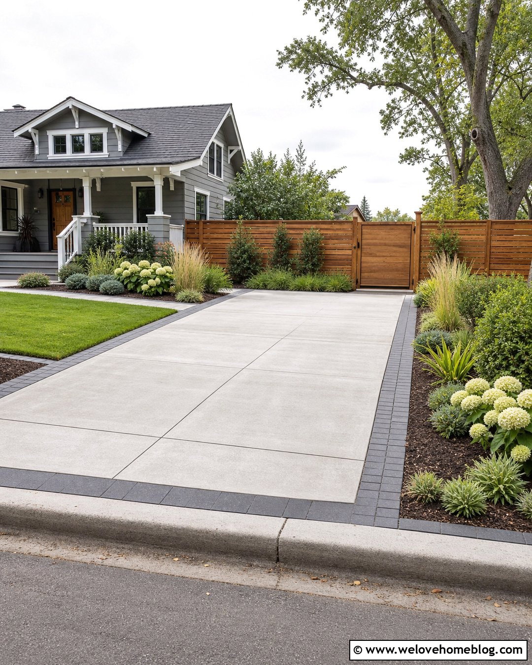 Driveway With Wooden Fence Landscaping - 50 Driveway Landscaping Ideas