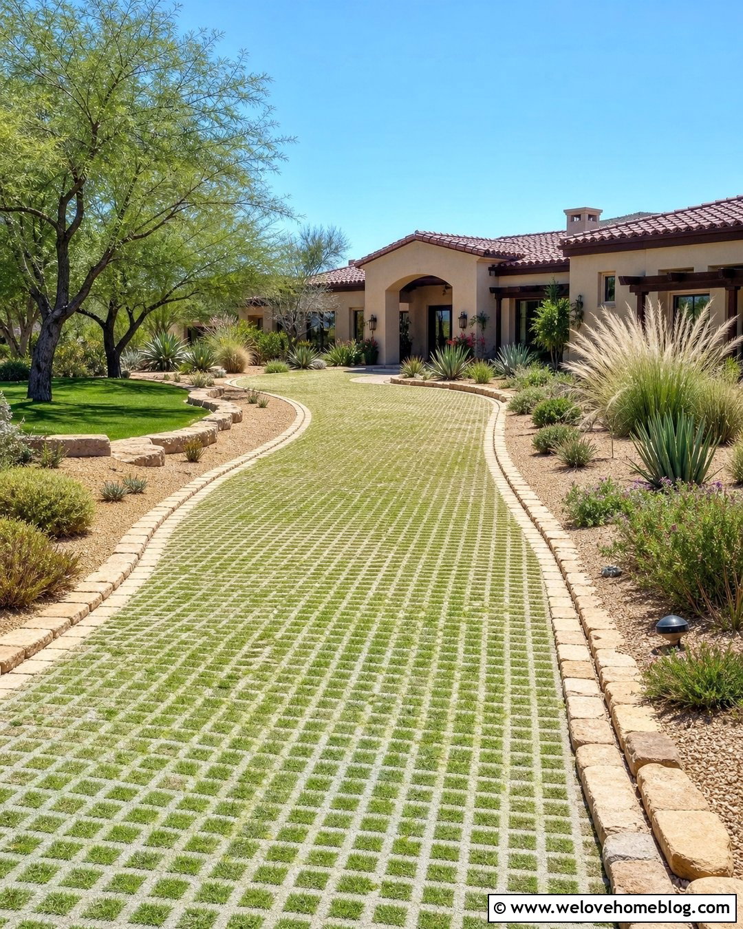 Drought Tolerant Geogrid Grass Driveway With Stone Landscaping - 20 Geogrid Grass Driveway Ideas