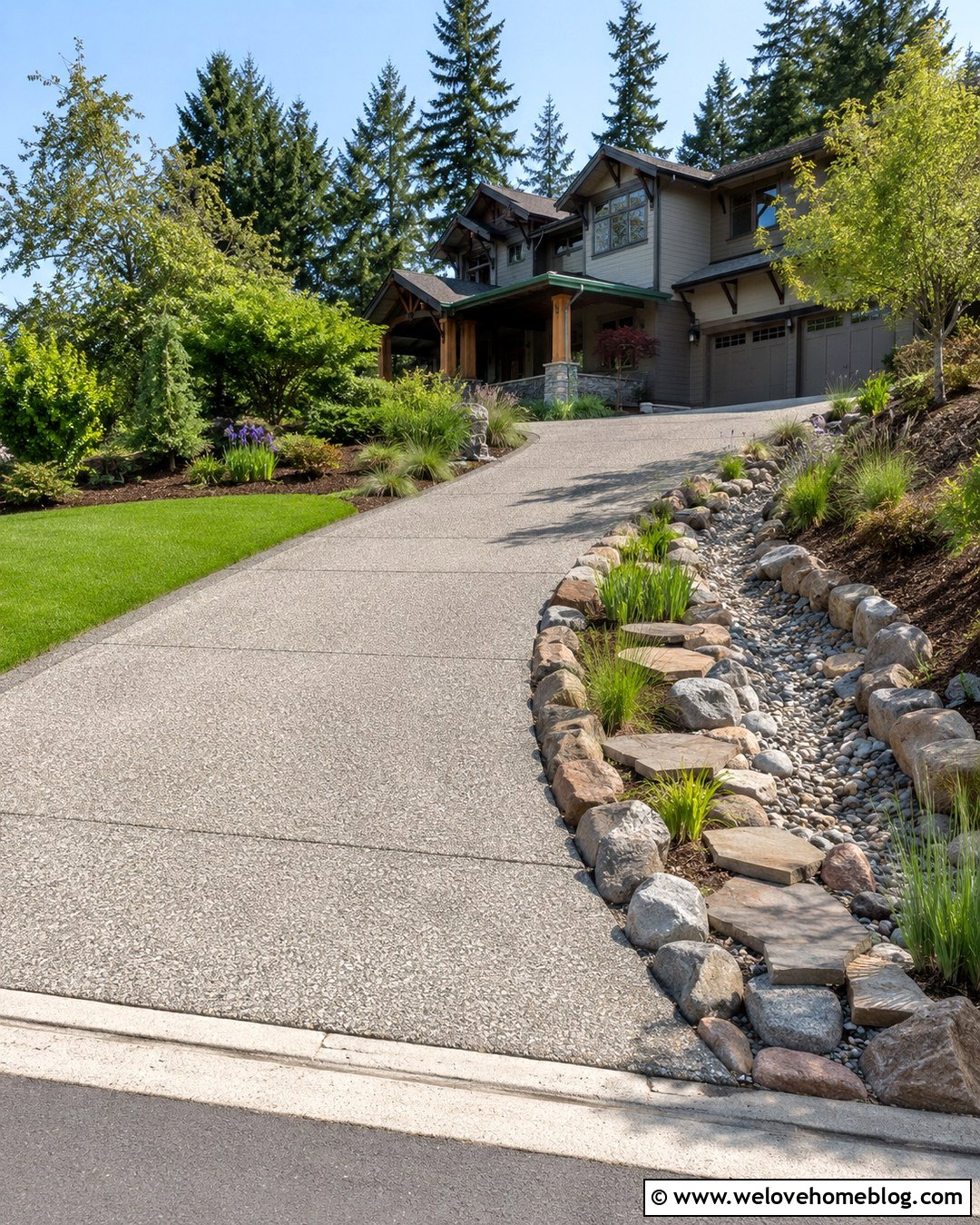 Dry Creek Rock Lined Sloped Driveway - 20 Rocks Lining Driveway Ideas