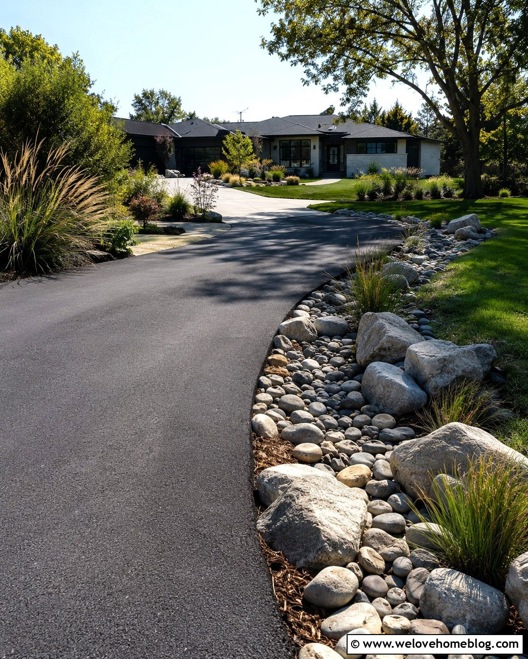 Dry Creek Rocks Along Sloped Driveway - 20 Rocks Along Driveway Ideas