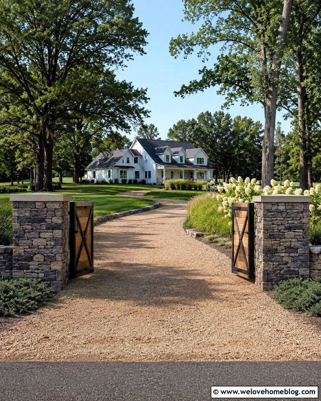 Dry Stack Stone Driveway Pillars With Wood Gate