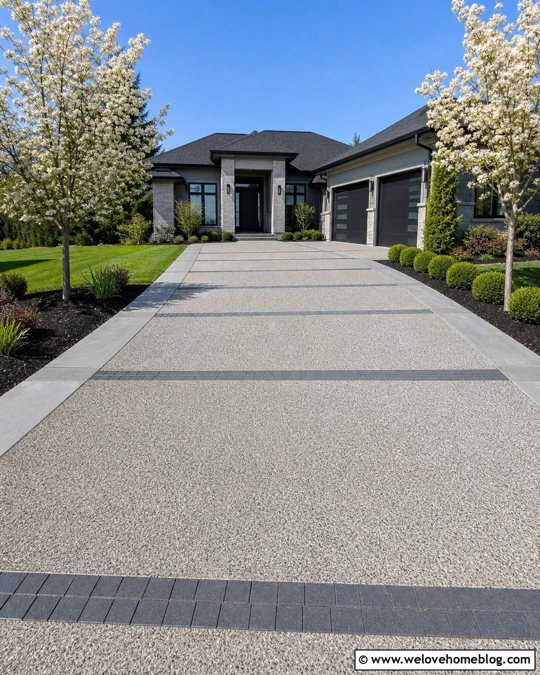 Dual Finish Concrete Driveway With Paver Bands - 20 Driveway Cement Designs Ideas