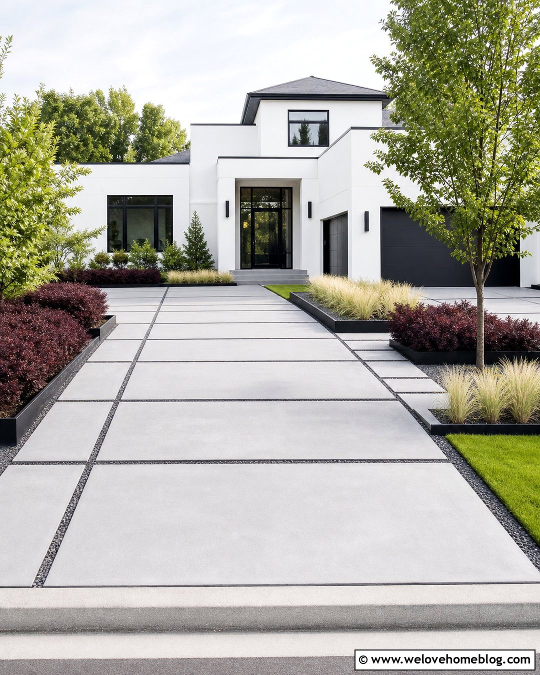 Dwarf Loropetalum Along a Modern Driveway - 20 shrubs to line driveway ideas