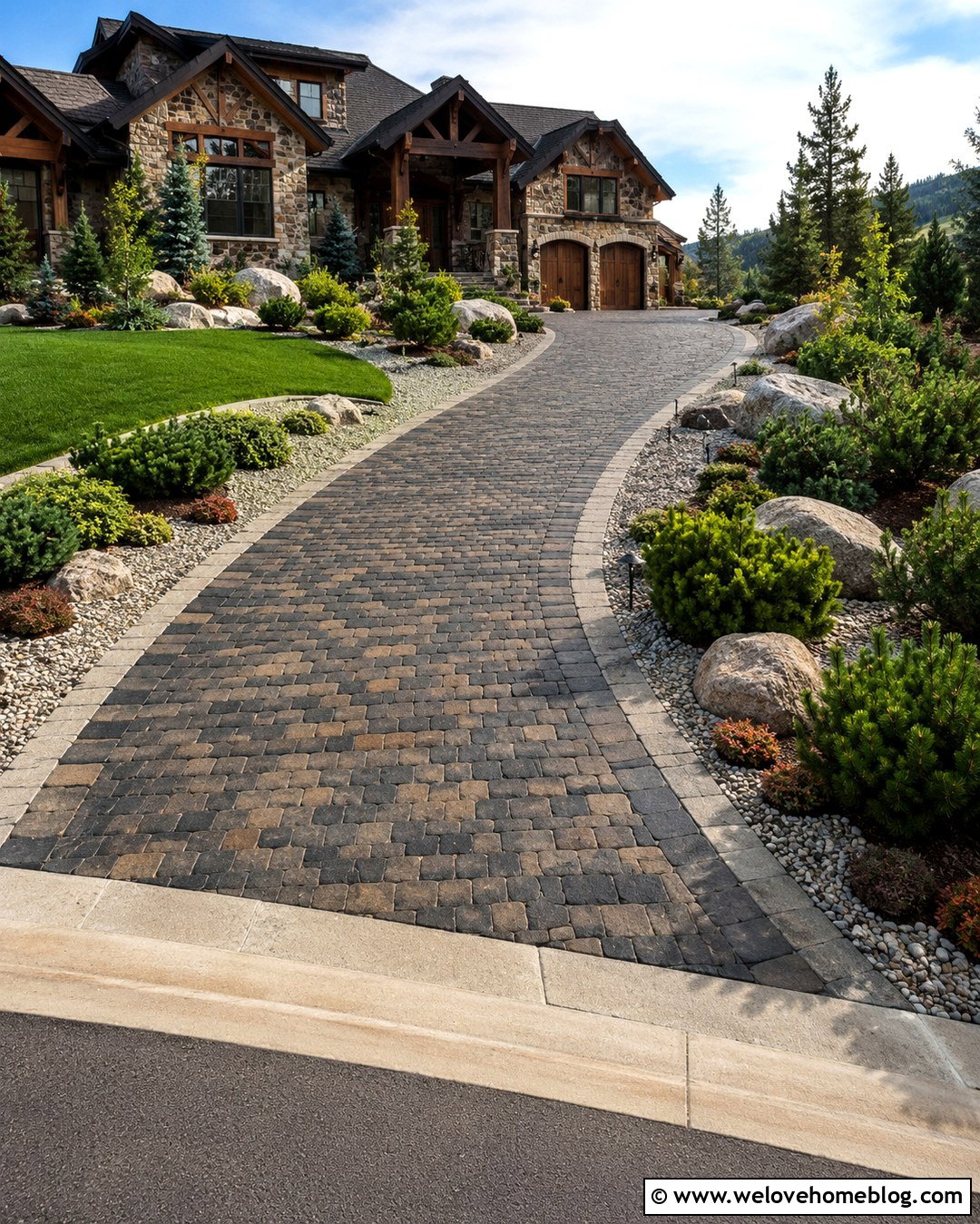 Dwarf Mugo Pine Beside a Cobblestone Driveway - 20 plants next to driveway ideas