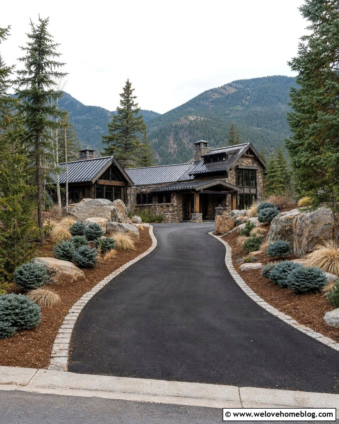 Dwarf Pine Shrubs Along A Mountain Driveway - 25 Driveway Shrubs Ideas