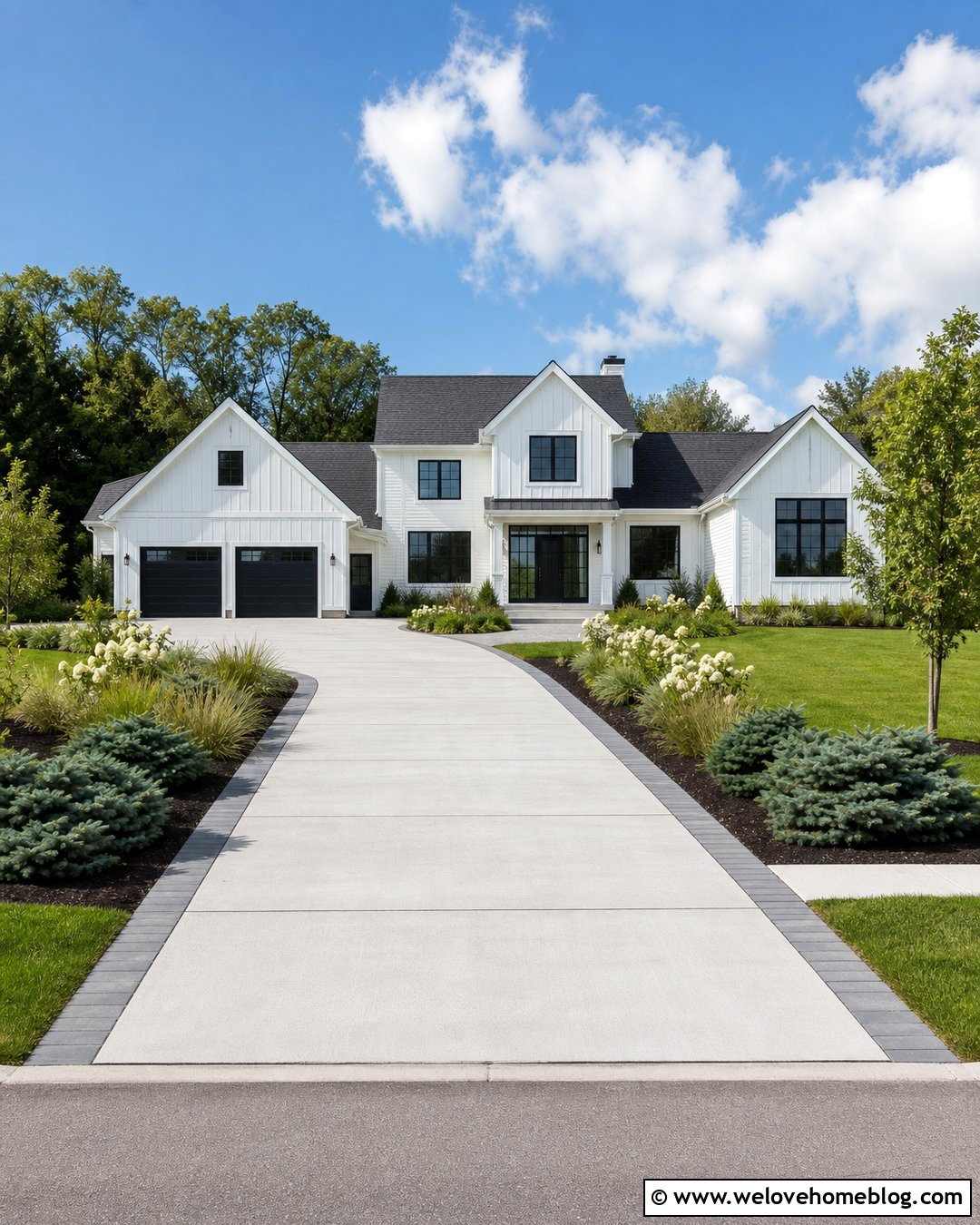 Dwarf Spruce Shrubs Along A Modern Farmhouse Driveway - 25 Driveway Shrubs Ideas