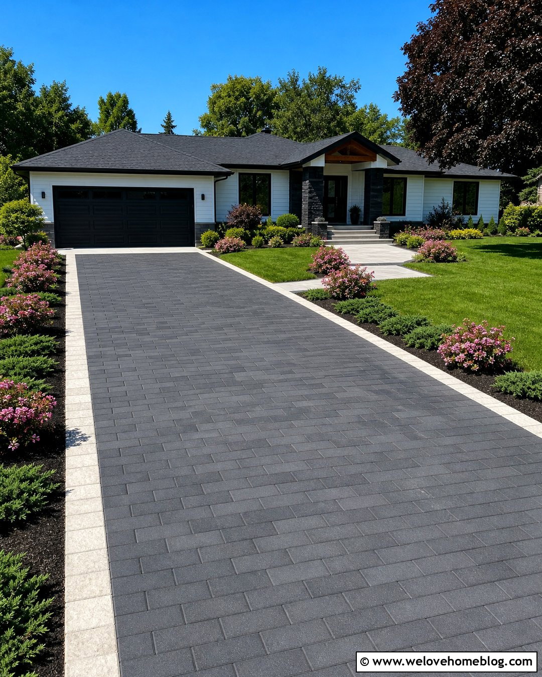 Dwarf Weigela Along a Paver Driveway - 20 shrubs to line driveway ideas