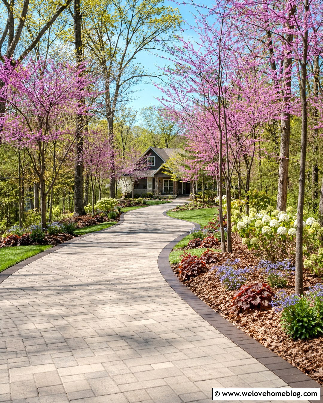 Eastern Redbud Concrete Paver Driveway - 25 trees to line driveway ideas